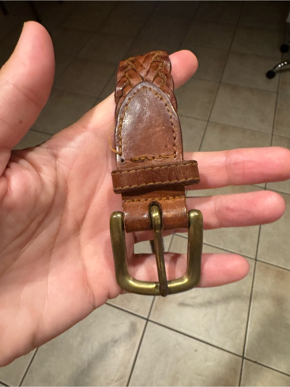 Vintage Genuine Leather Braided Belt Solid Brass Buckle Brown Size S - Picture 3 of 4